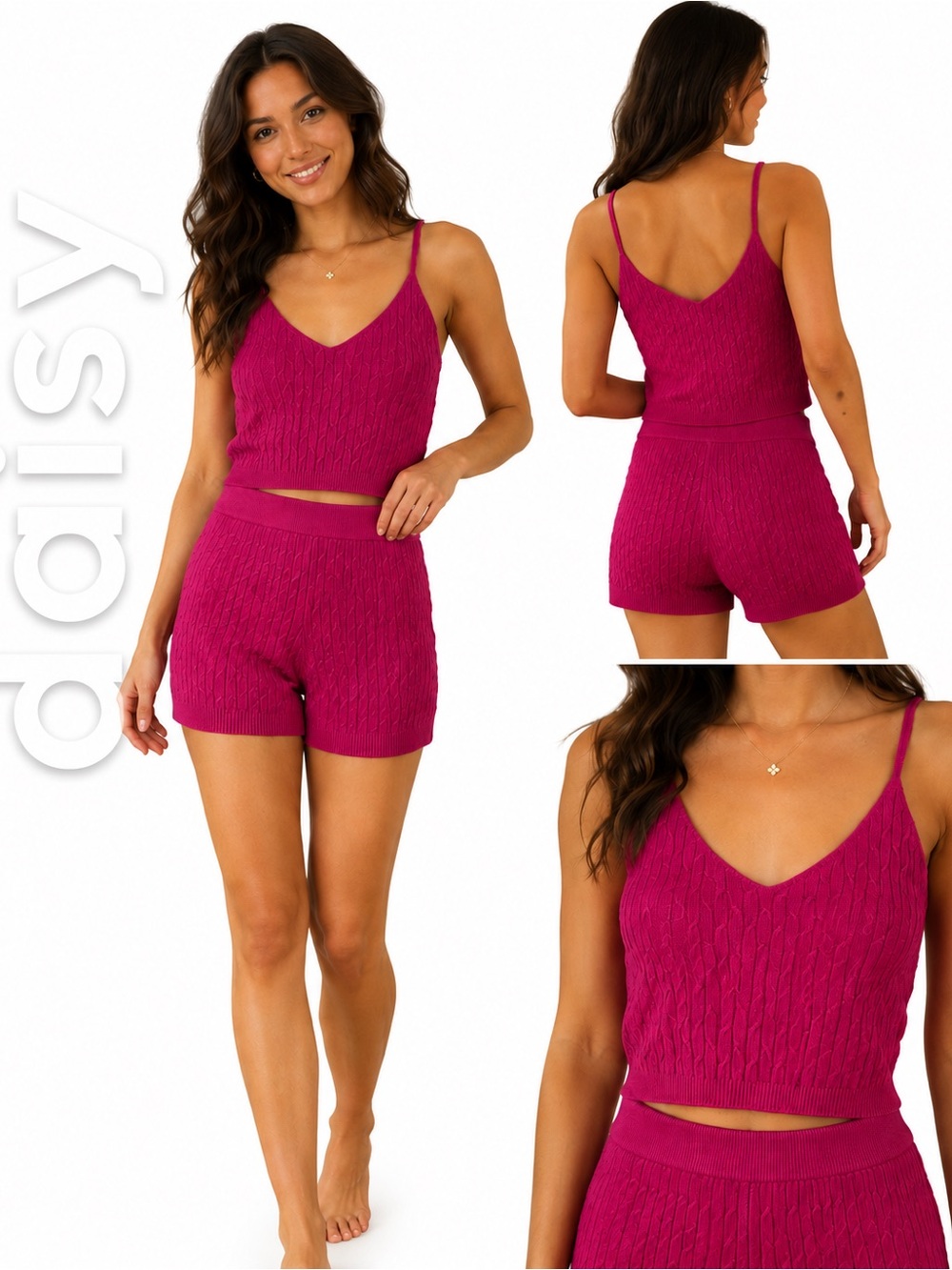 Daisy Pink Cable Knit Viscose Lounge Set Size Large Matching Tank & Shorts